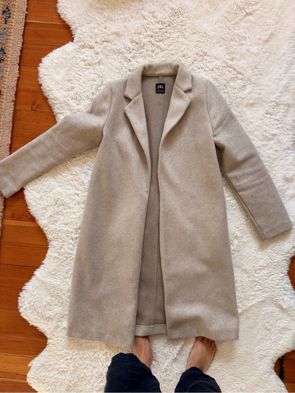 Zara Beige Open-Front Long Wool-Blend Trench Coat